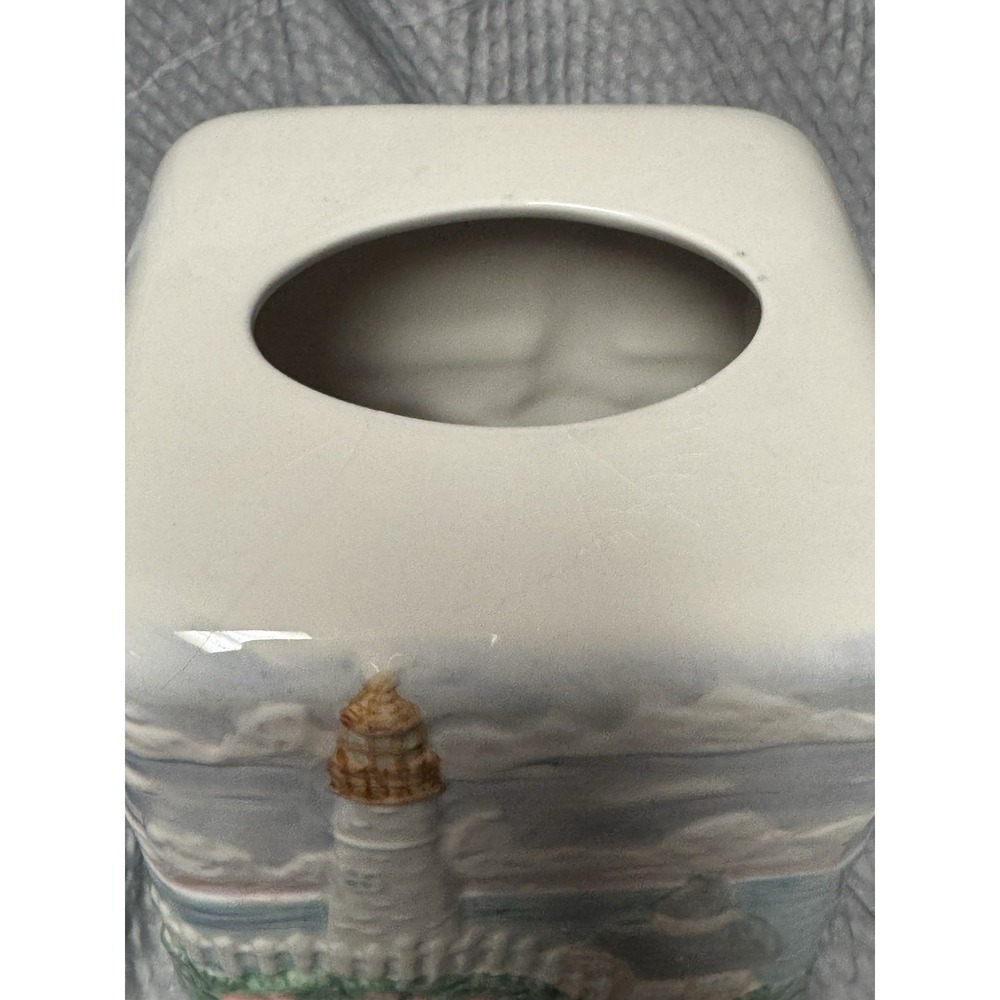 Vintage 1980s Handpainted Ceramic Tissue Box Cover Lighthouse Nautical - Picture 7 of 10